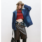 Unisex Jacket Vintage Suit Collar Denim Coat Striped Jacket